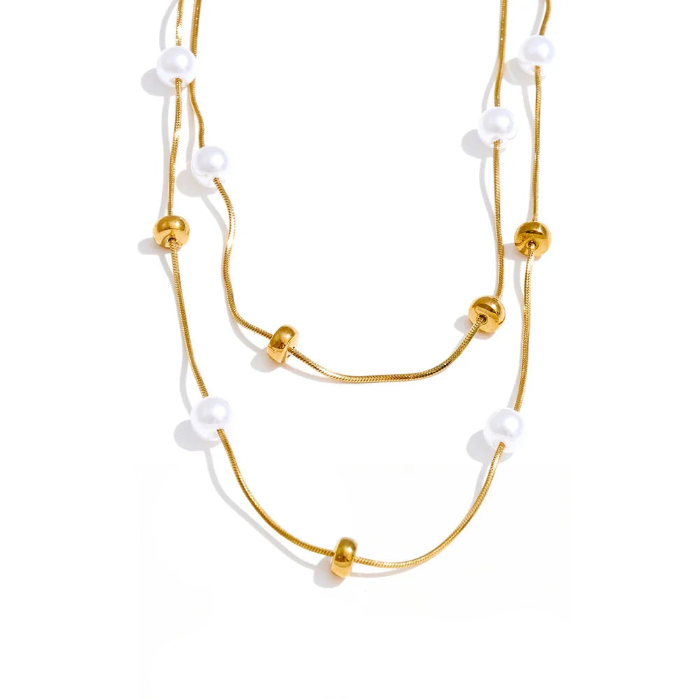 Double layer pearl chain necklace with gold plated finish
