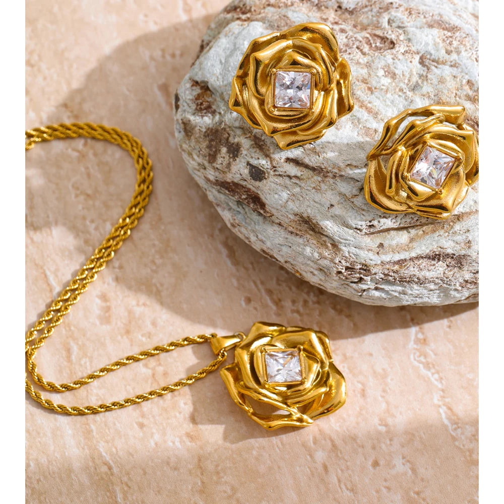 Earrings and gold style paired with matching necklace design