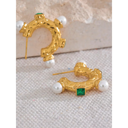 Gold-Plated Pearl & Green Zirconia Hoop Earrings