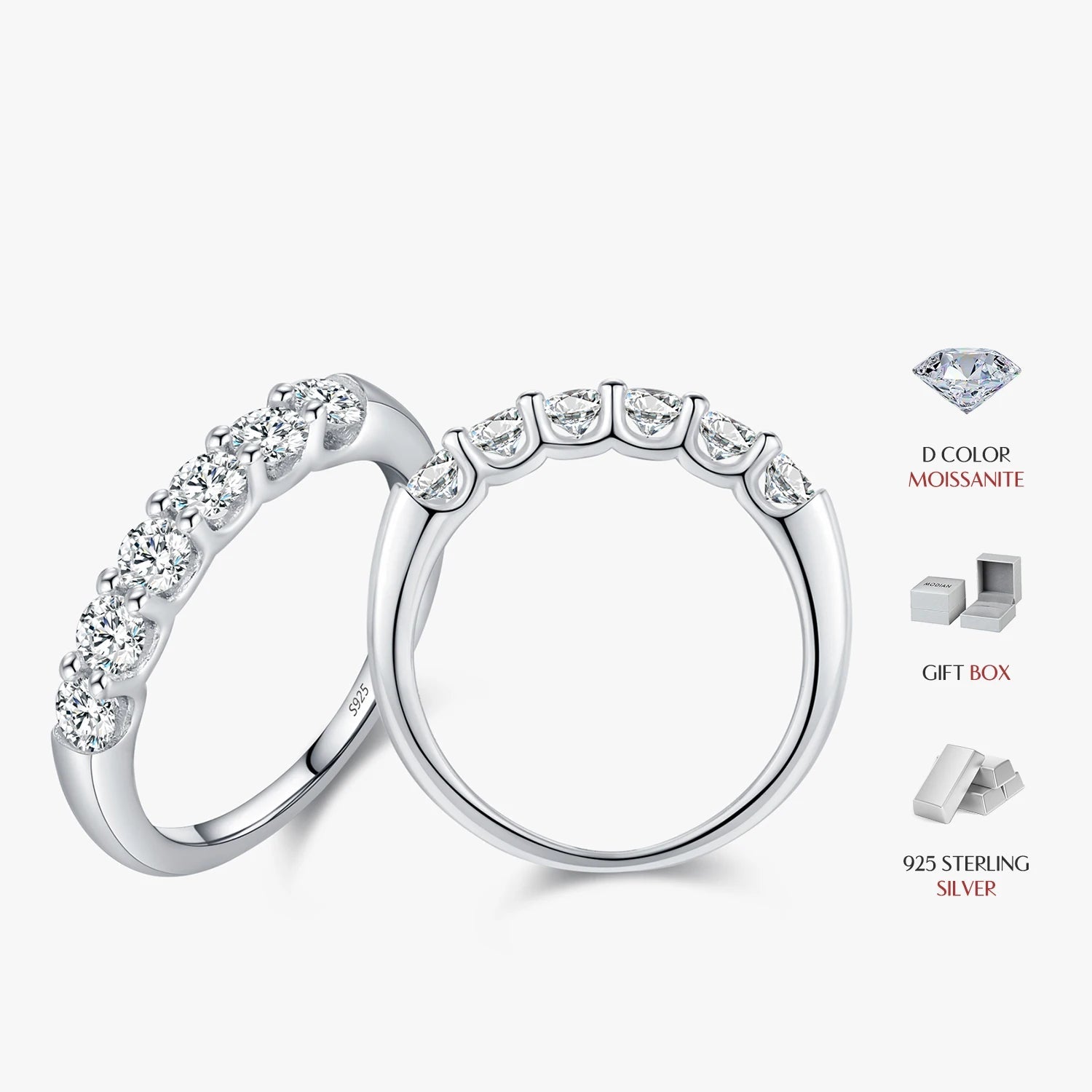 Silver ring featuring moissanite diamonds in an eternity band design