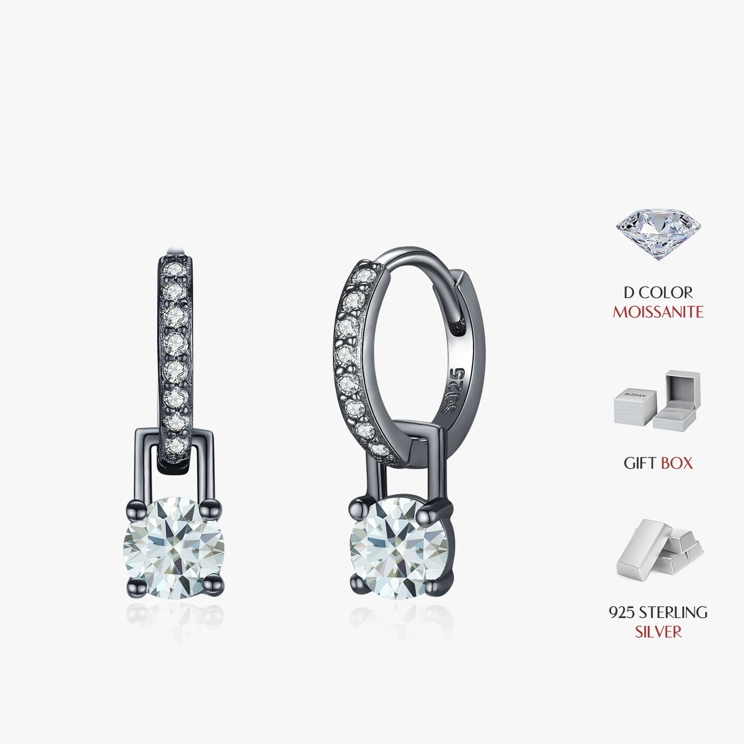 Close up of ear rings showing moissanite jewelry sparkle in hoops silver