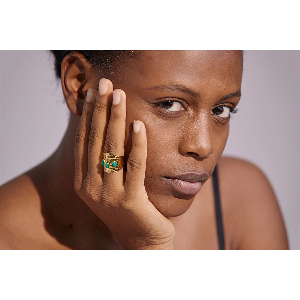 Green Stone 18K Gold Plated Wide Ring