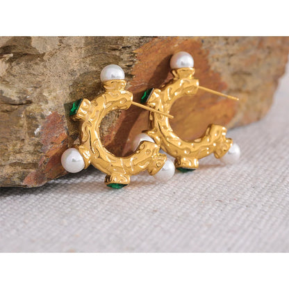 Gold-Plated Pearl & Green Zirconia Hoop Earrings