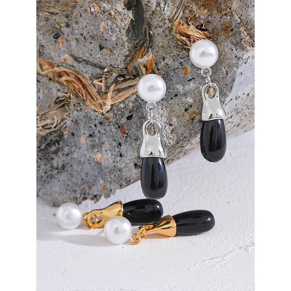 Vintage Imitation Pearls Black Crystal Geometric Drop Earrings