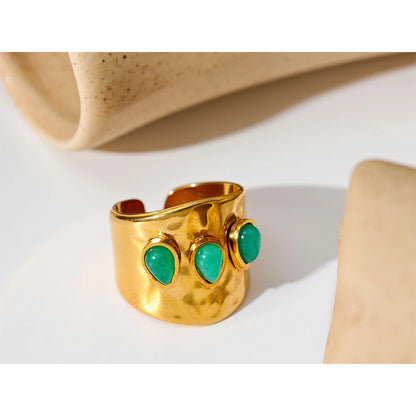 Green Stone 18K Gold Plated Wide Ring