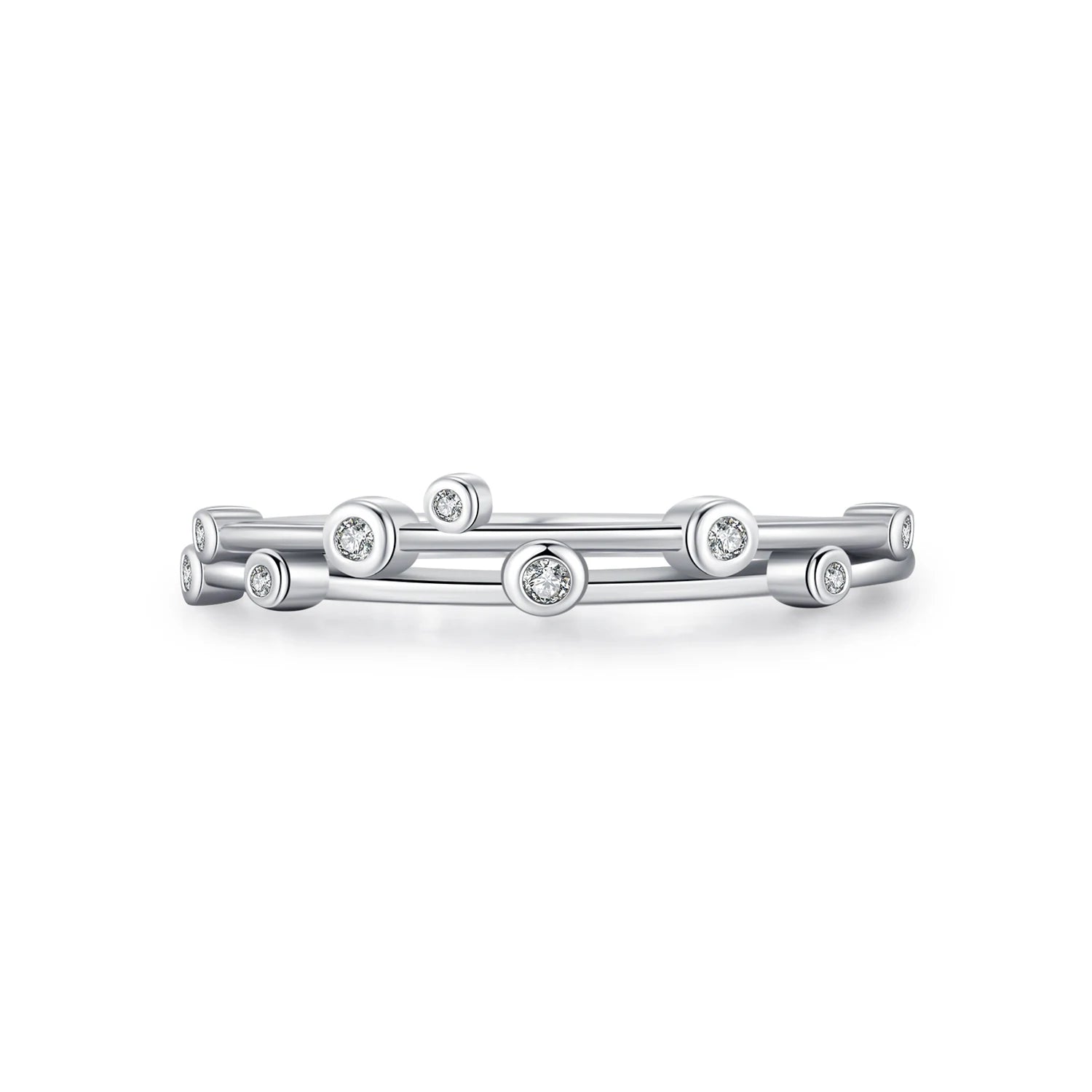 Double-layer line round CZ cocktail ring in 925 sterling silver