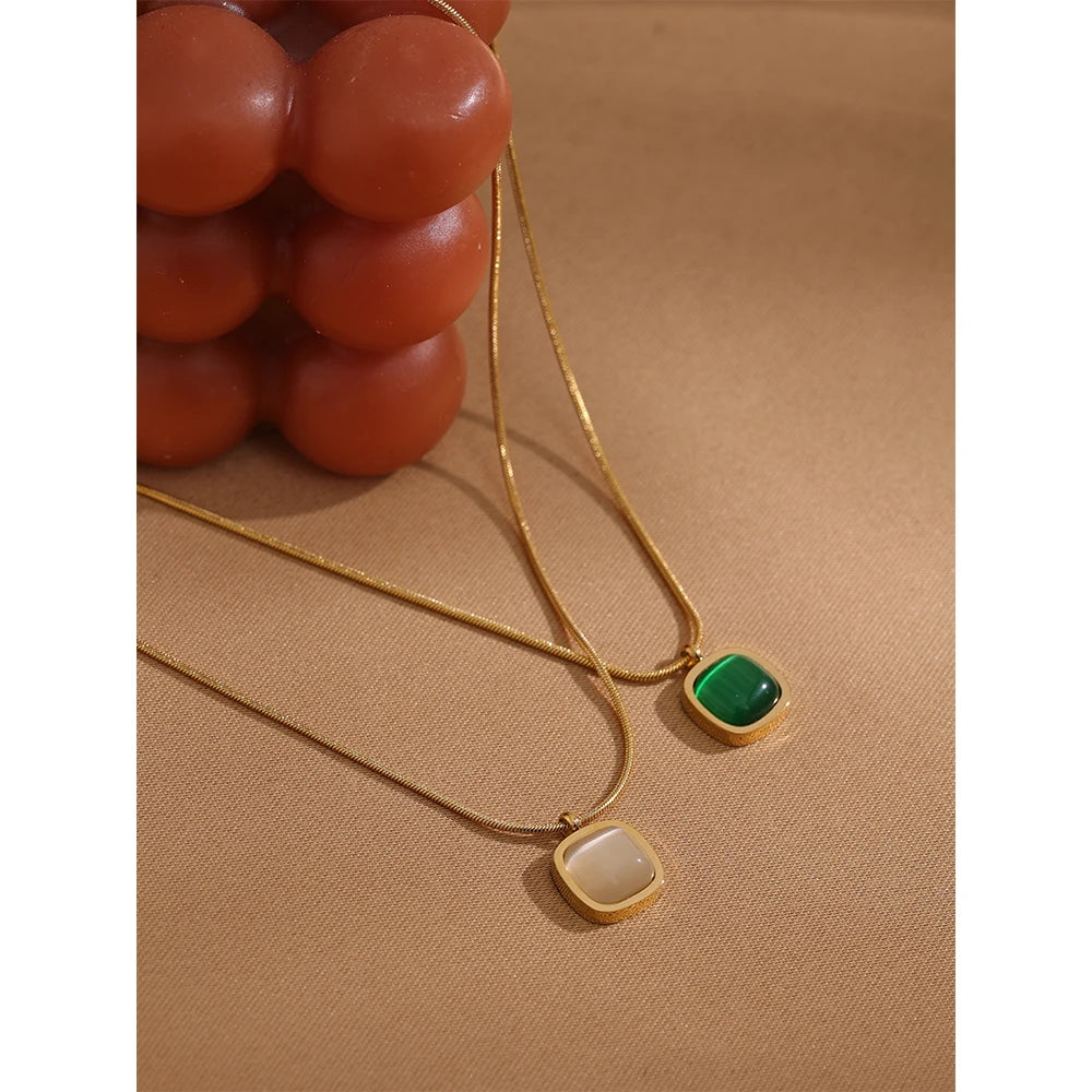 Minimalist Square Green Opal Stone Pendant Necklace