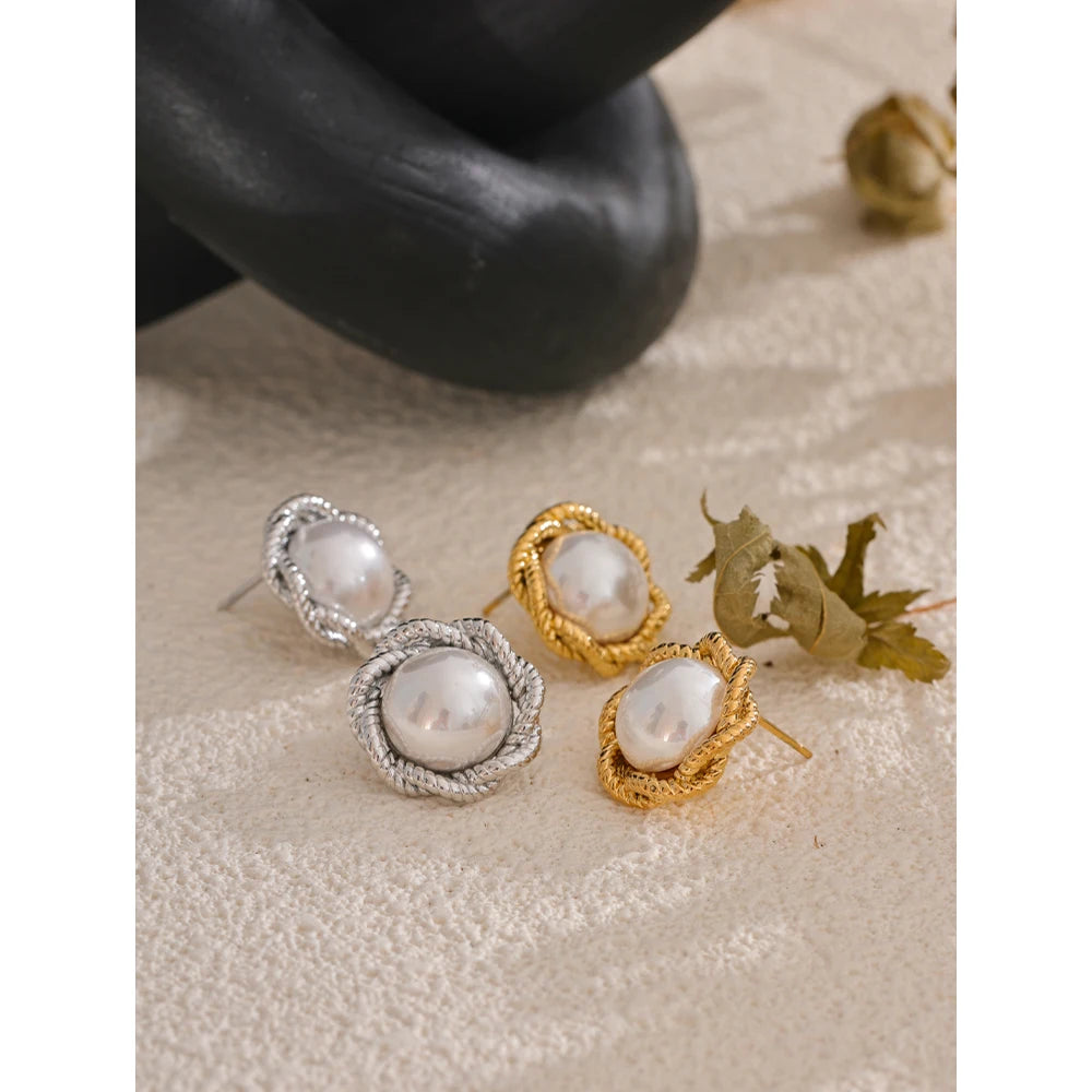 Simulated Pearl Flower Stud Earrings for Women