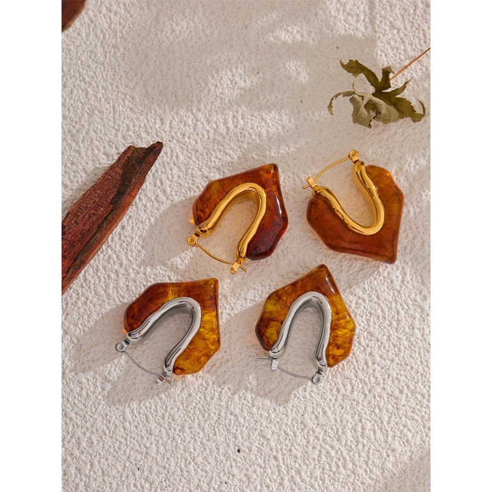 Amber Resin Geometric Hoop Earrings