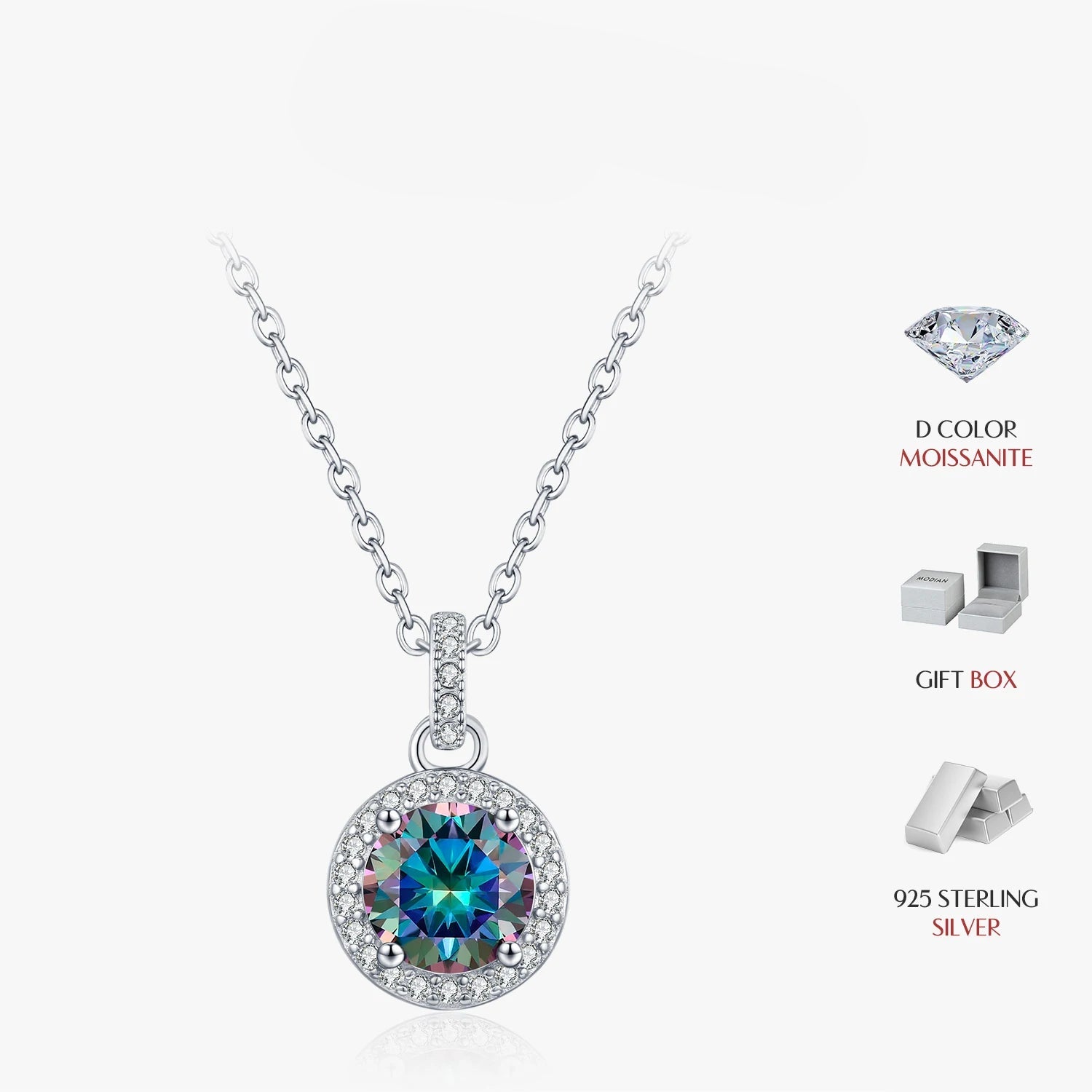 925 silver chain necklace with radiant multicolor moissanite pendant