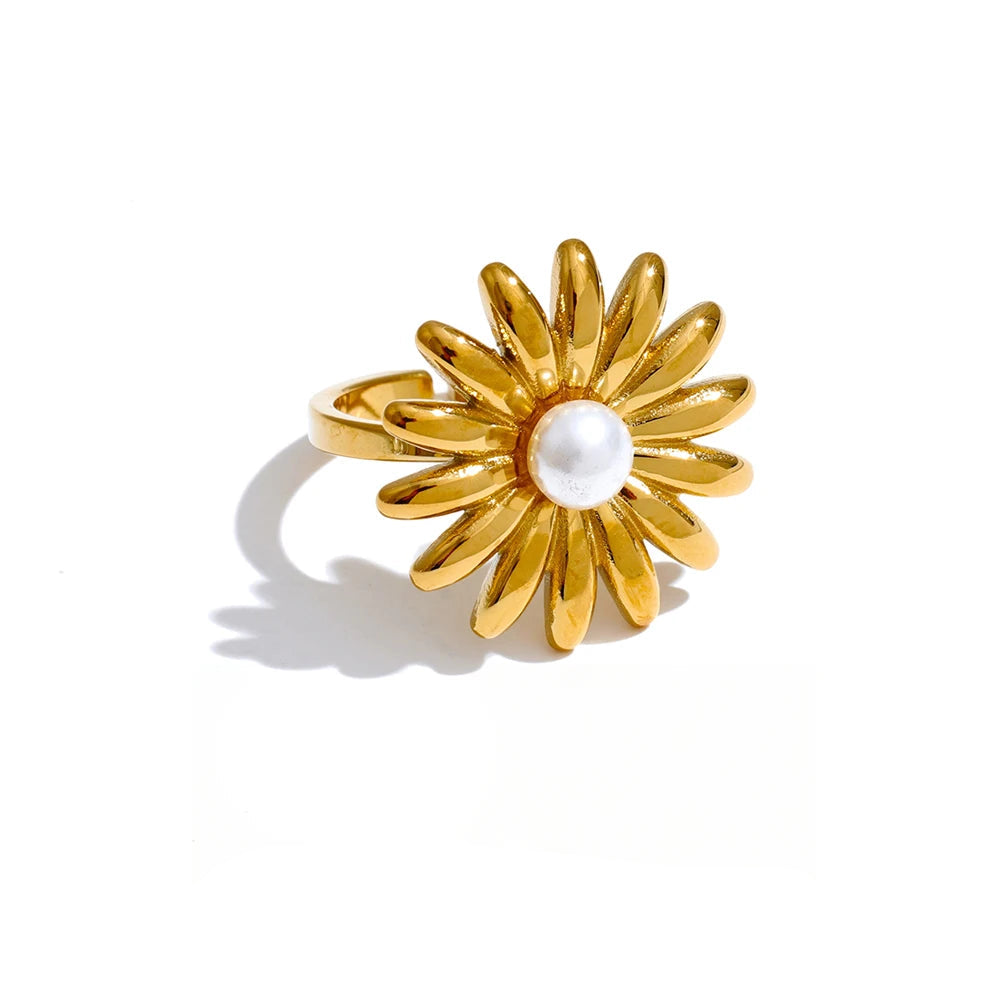 Pearl sunflower ring and earrings set with polished gold plated shine