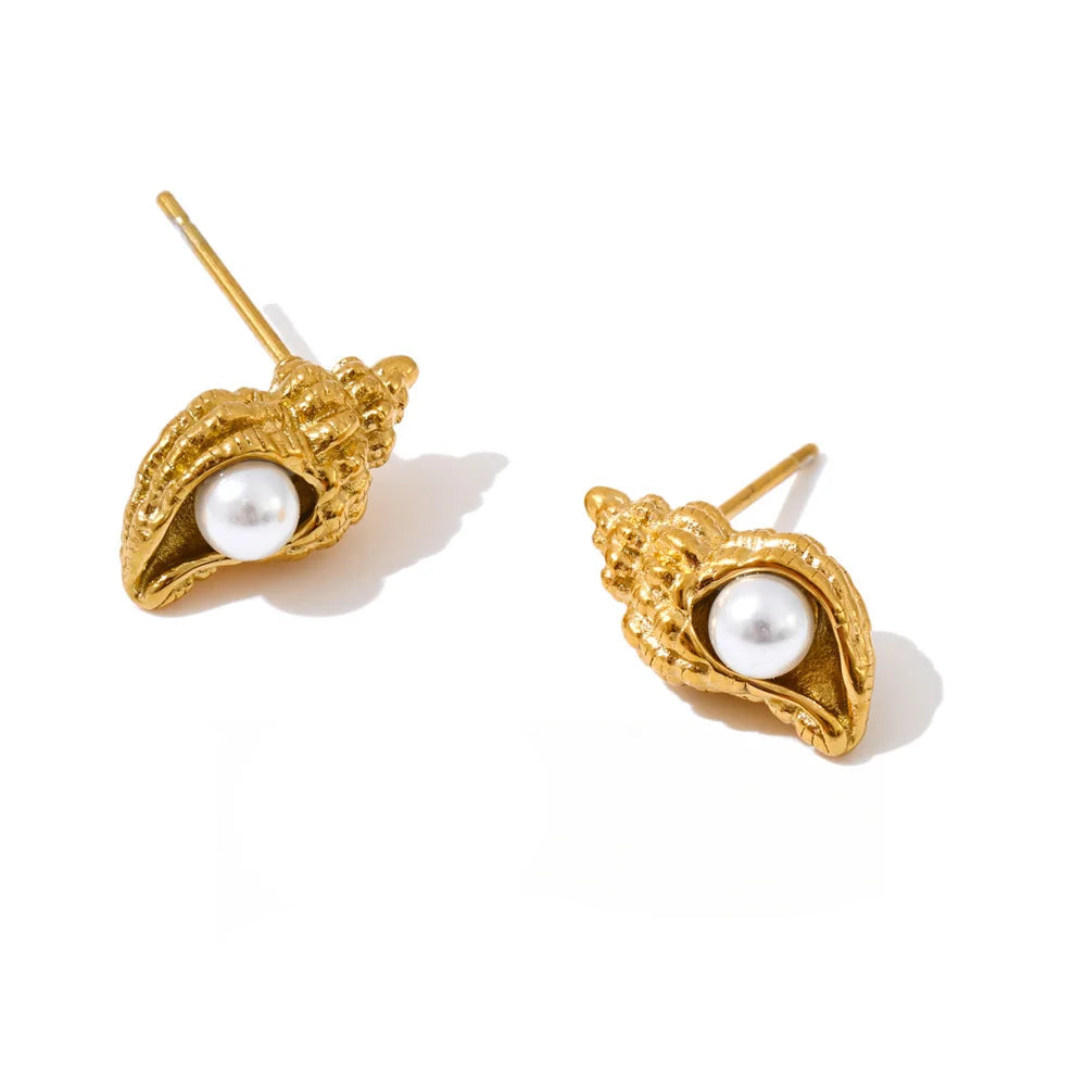 Small pearl conch stud earrings with polished gold plated finish