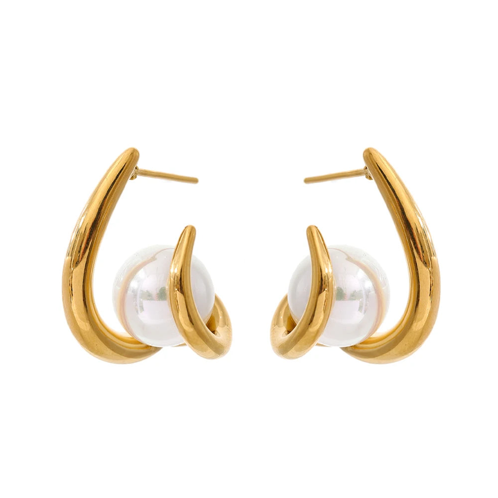 Chic ear rings with simulated pearls and polished stainless finish