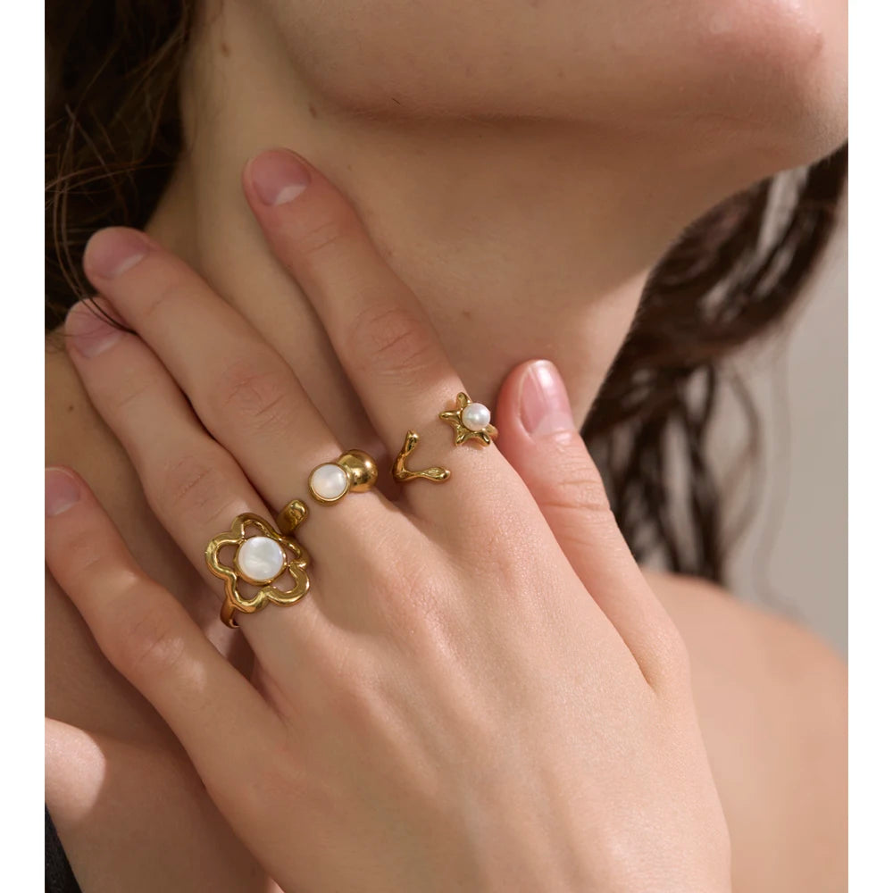 gold plated stainless steel ring flower design simulated pearl casual and formal