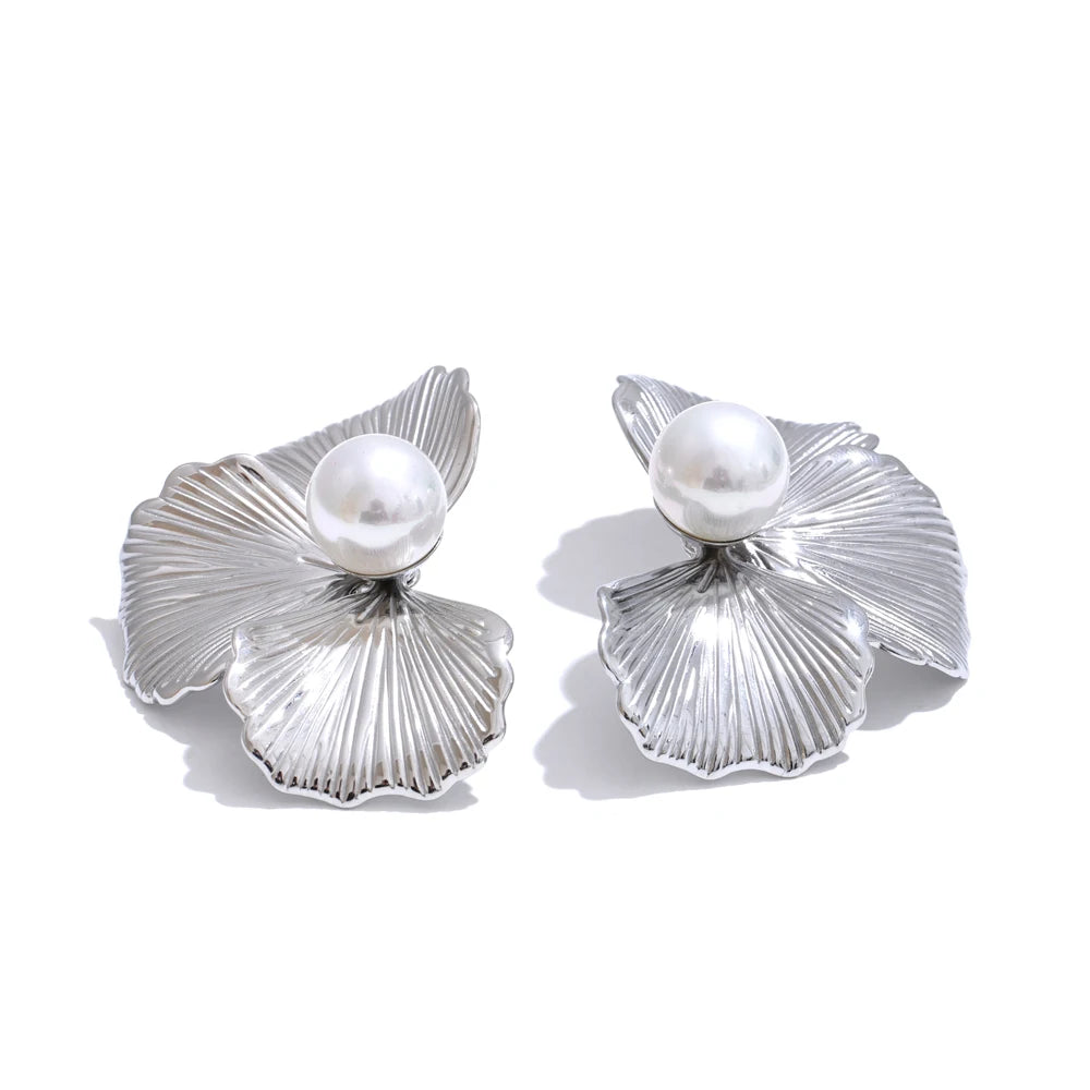 Product angle of gold plated petals enhancing pearl earrings brilliance