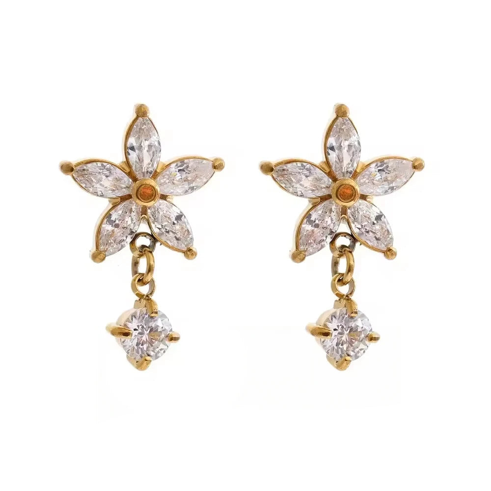 Cubic zirconia flower stud earrings gold plated for women