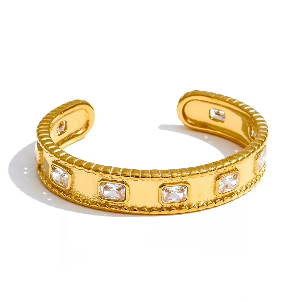 gold plated stainless steel square zirconia cuff bracelet bangle for women