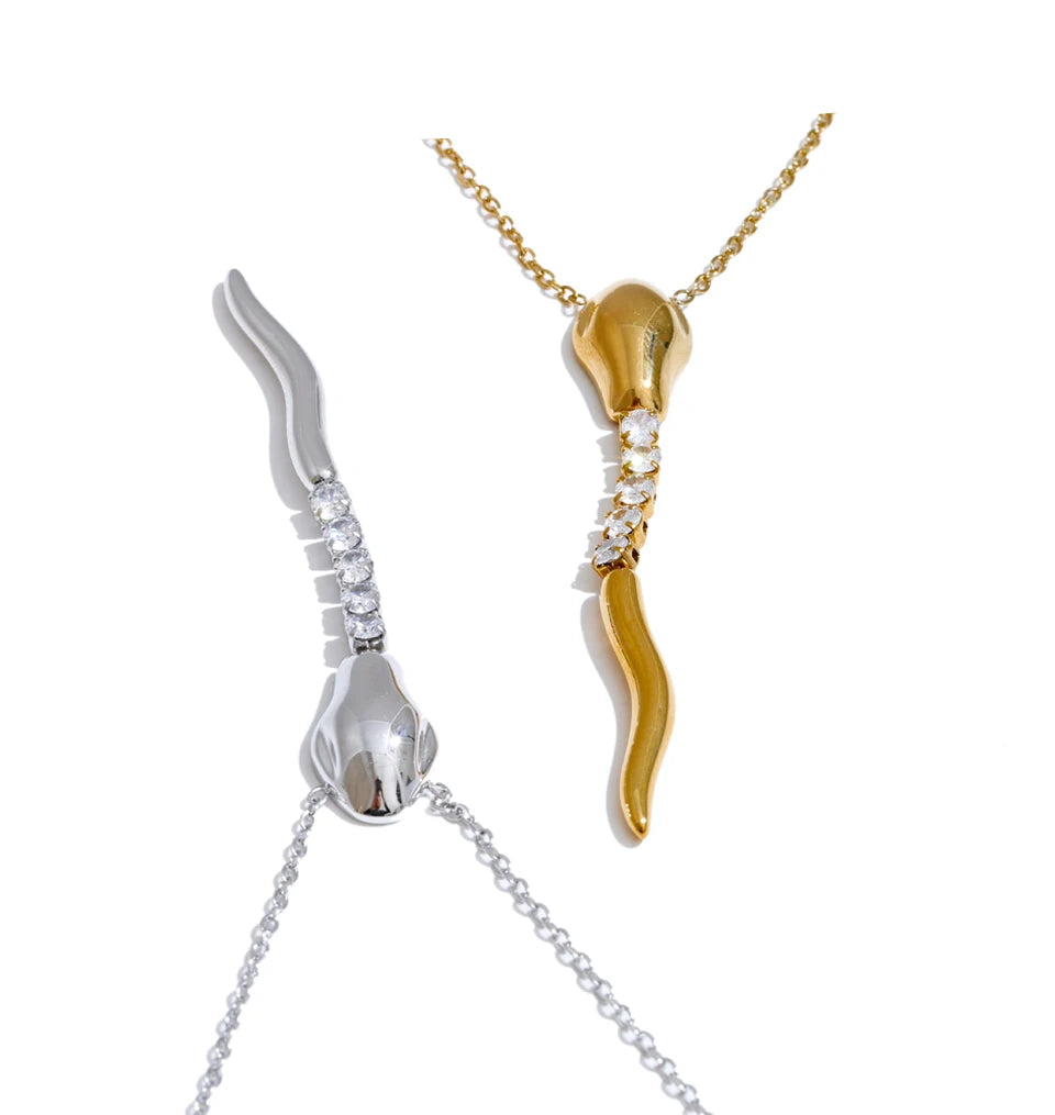 Front view of cubic zirconia snake pendant necklace gold plated