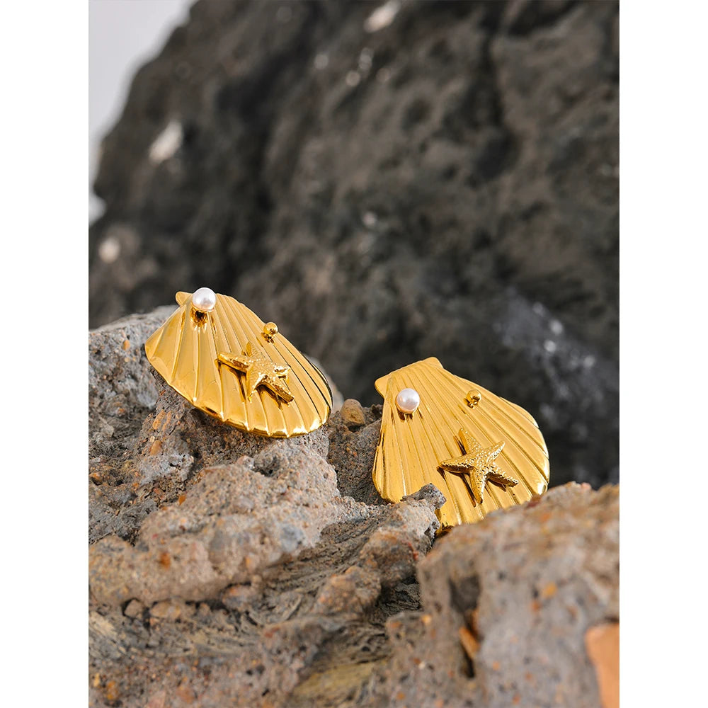 Gold Starfish & Shell Stud Earrings