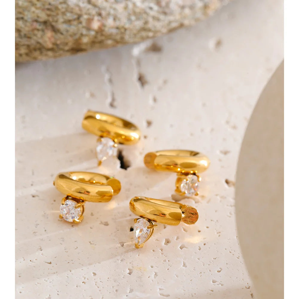 Elegant ear rings gold tone hoop with round drop and zirconia sparkle