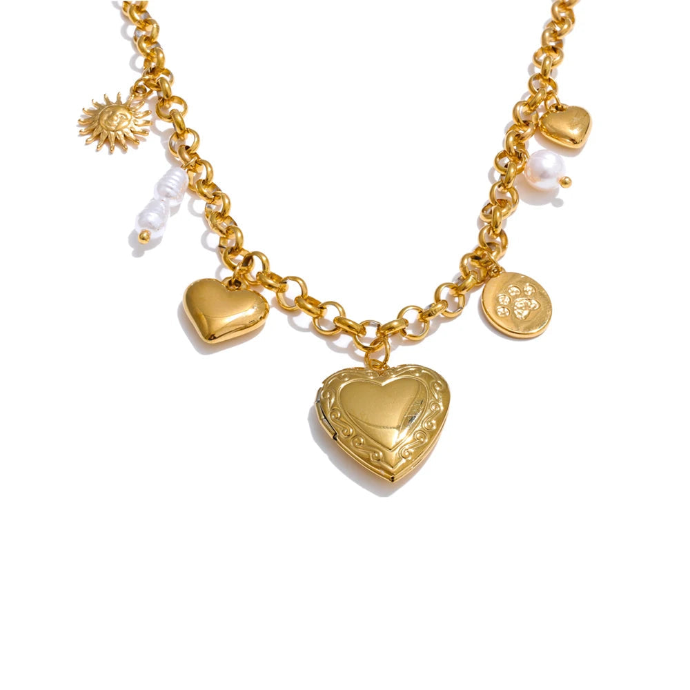 Heart charms necklace and pearl bracelet set with gold plated shine for gifting