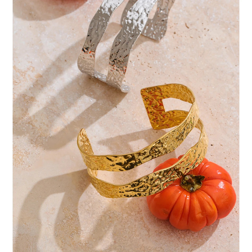 women’s gold plated stainless steel cuff bangle with double layer structure