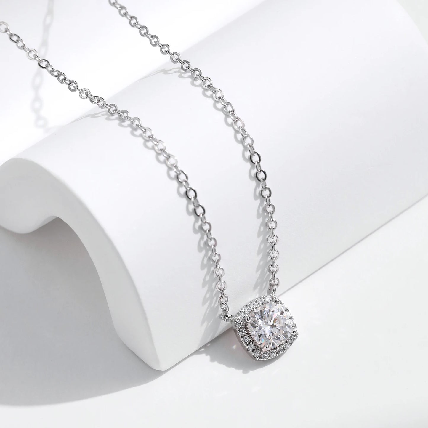 Sterling Silver Cushion Cut Halo Moissanite Necklace