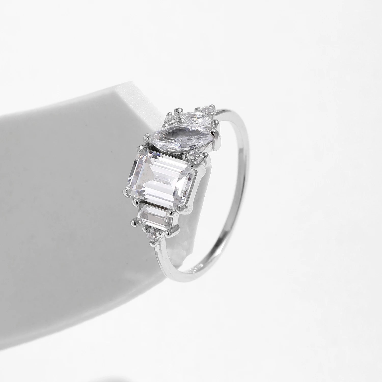 Closeup of marquise ring with ring size from ring detail