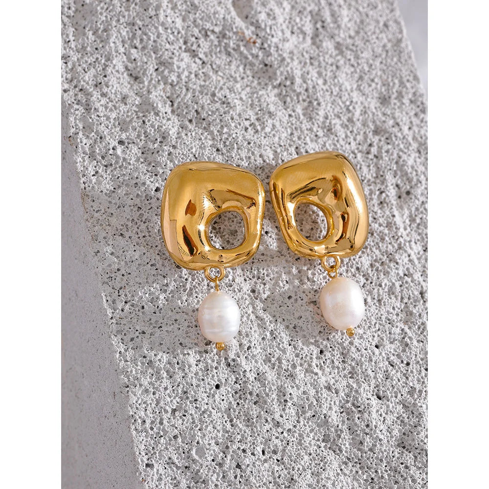 Stainless Steel Square Hollow Pearl Drop Earrings