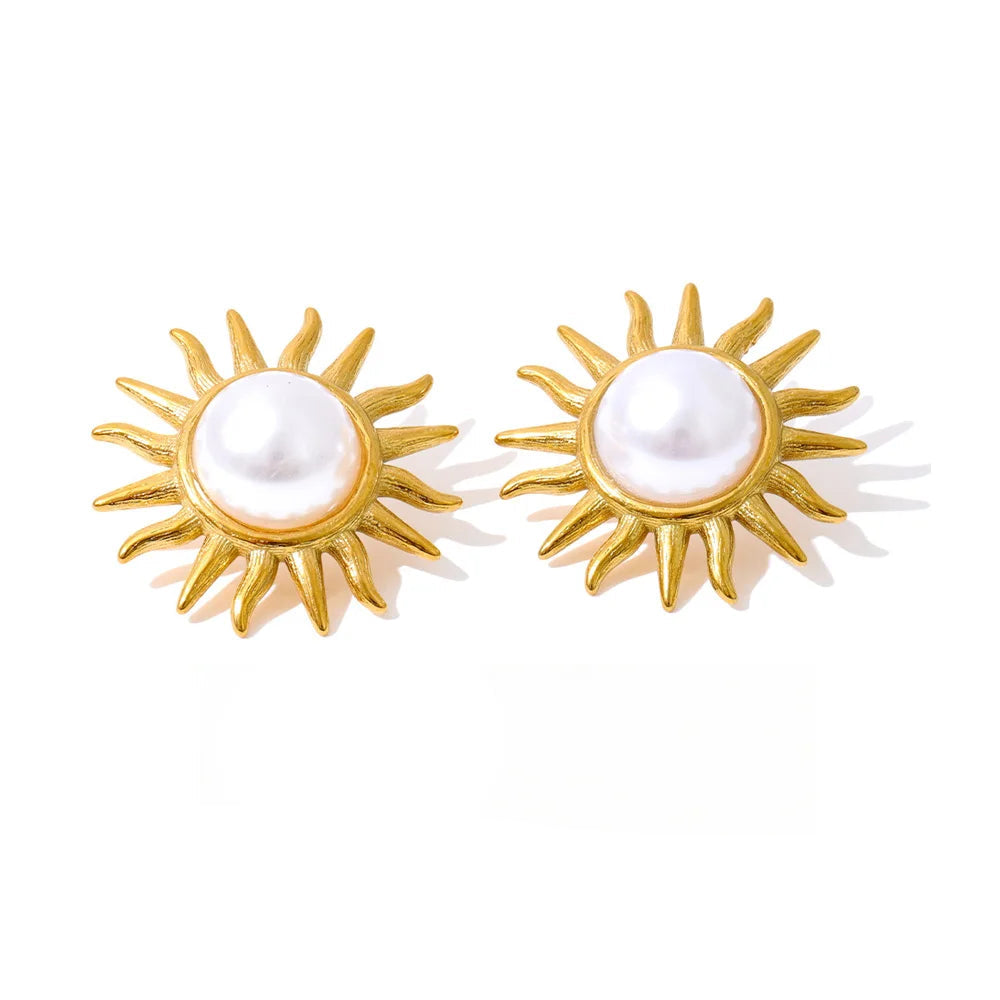 Sun-inspired pearl stud earrings with polished gold plated shine