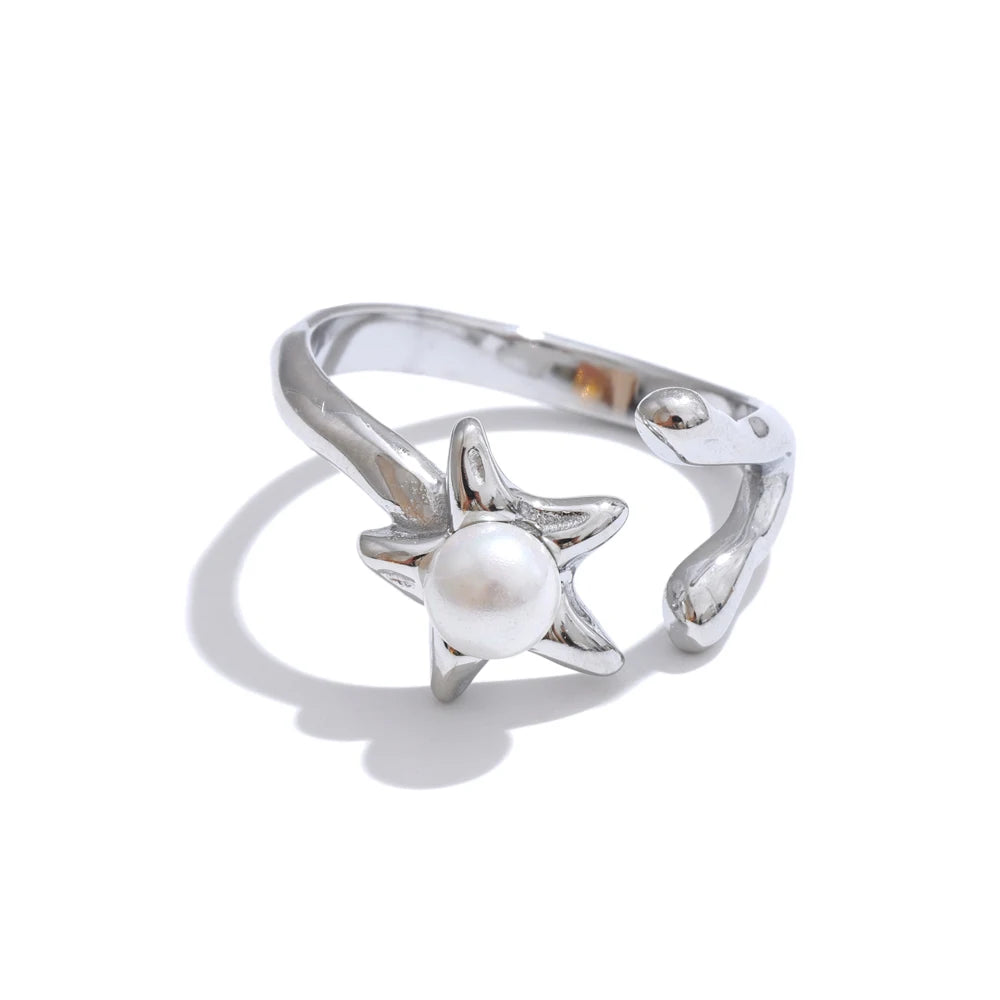 polished gold plated ring stainless steel flower simulated pearl for layering