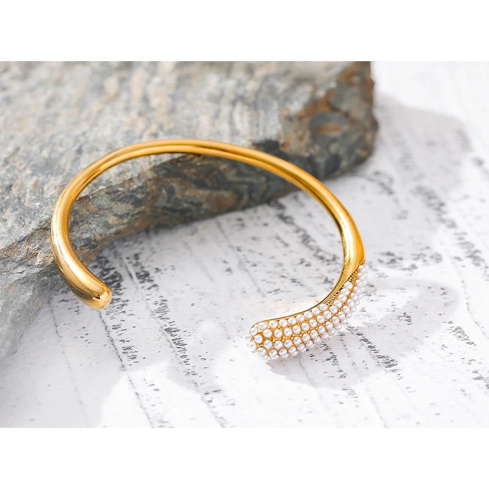 18K Gold Plated Geometric Cuff Bracelet with Imitation Pearls