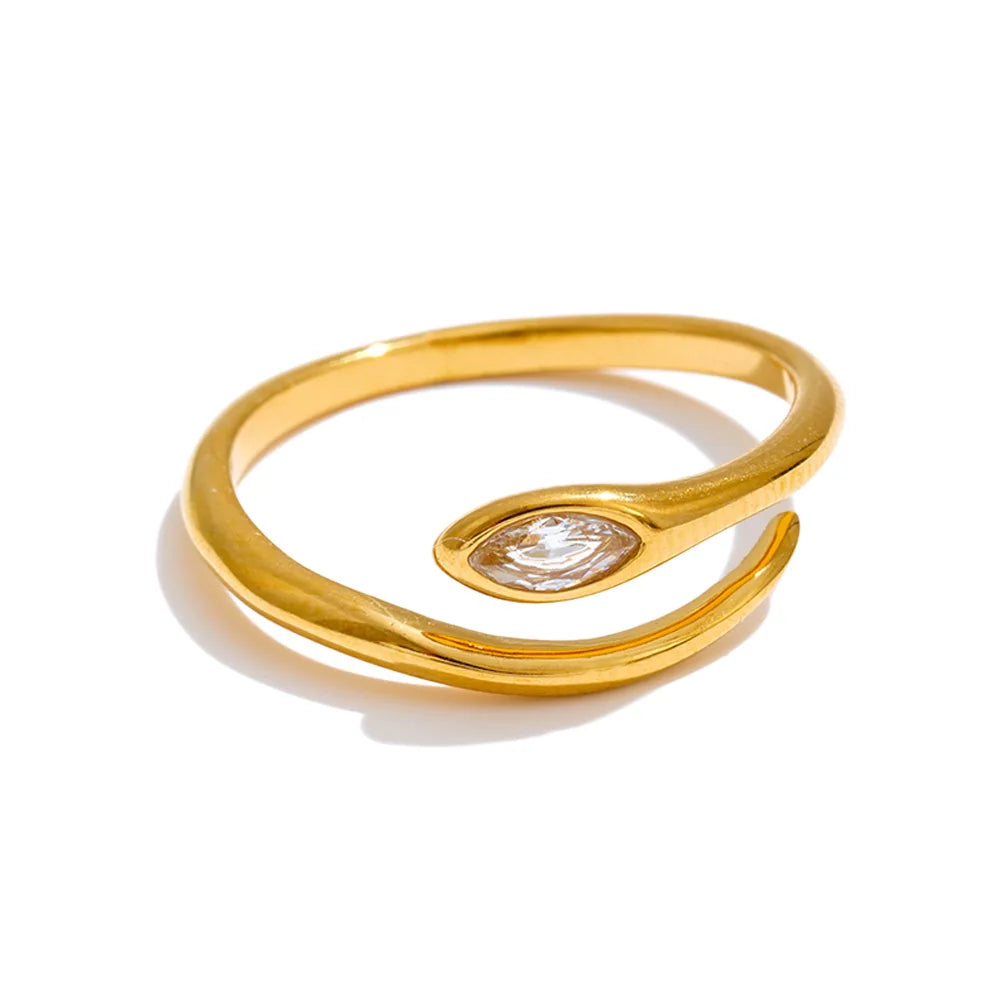 Contemporary gold jewelry snake ring with zirconia