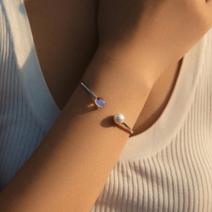 Sterling Silver Moonstone & Pearl Adjustable Cuff Bracelet