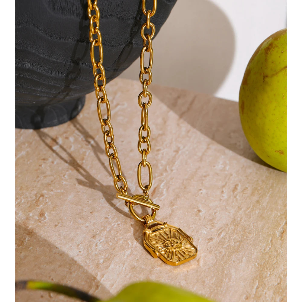 gold chain necklace with rectangle sun moon pendant gold plated stainless steel