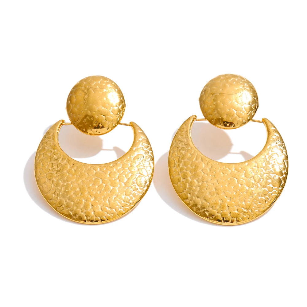 Front view of geometric drop earrings gold plated stainless steel