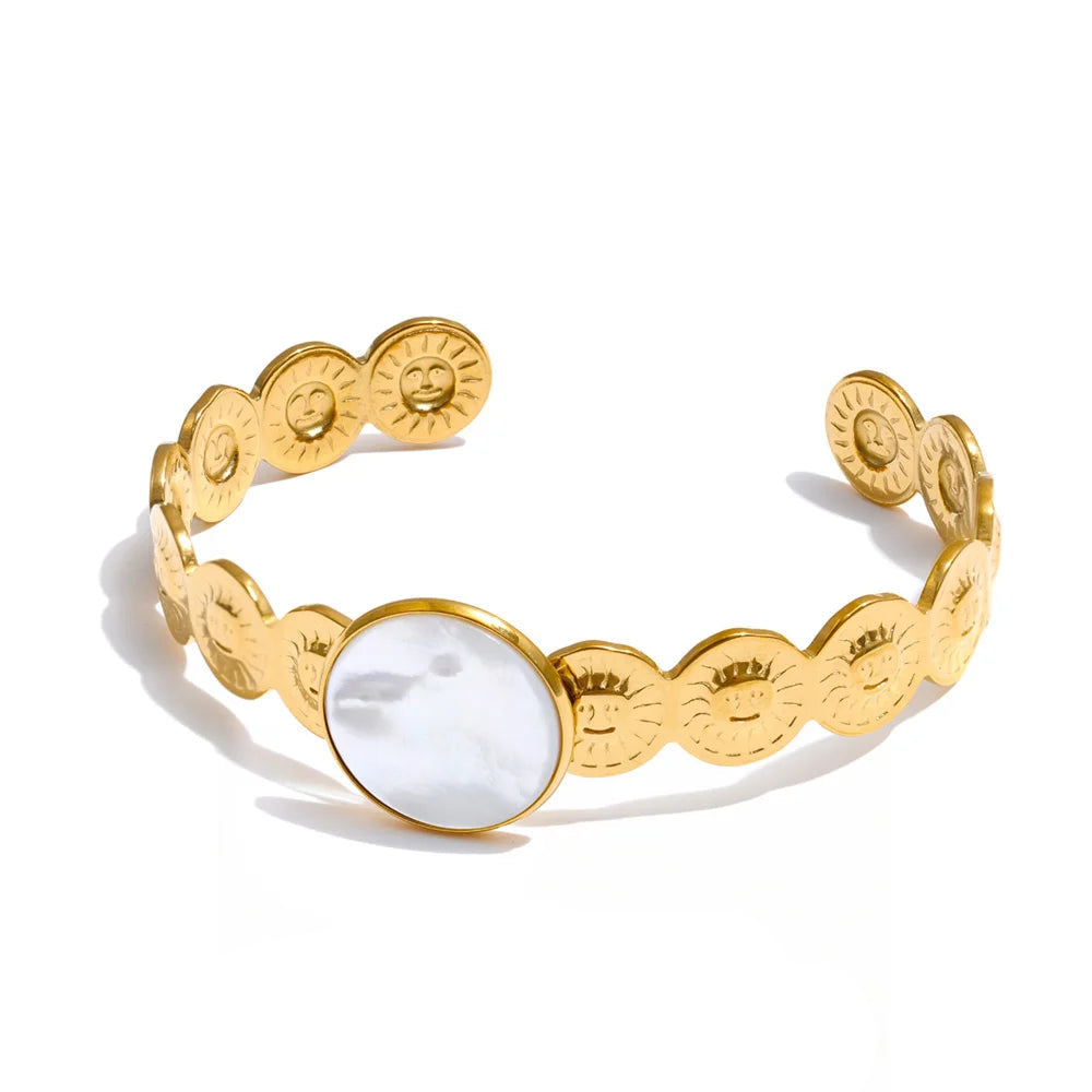 gold plated round shell sun textured stainless steel cuff bangle bracelet