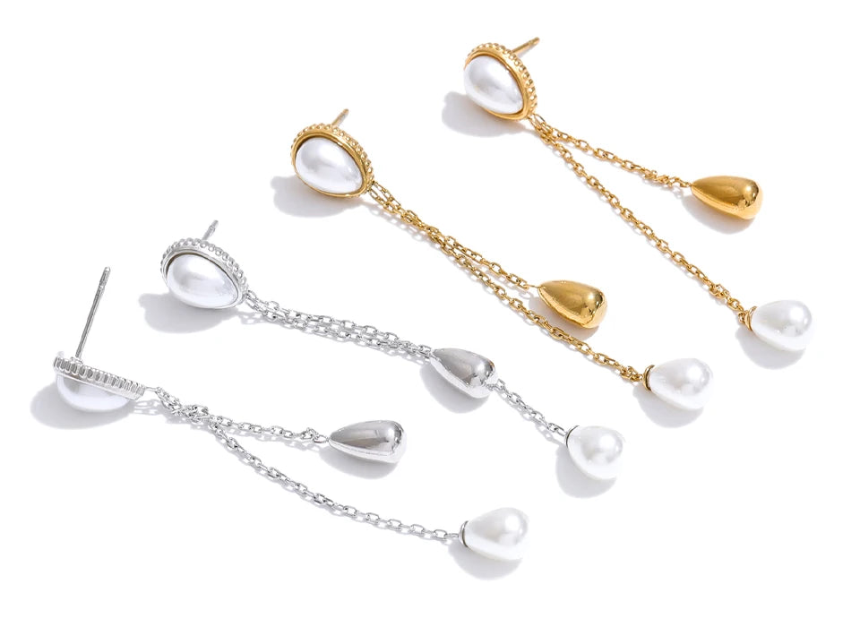 Women’s pearl drop earrings with gold plated long chain