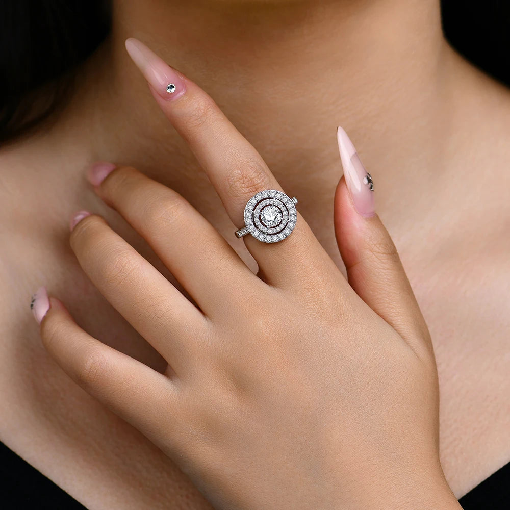 Close view of moissanite diamonds on a 925 sterling silver moissanite ring