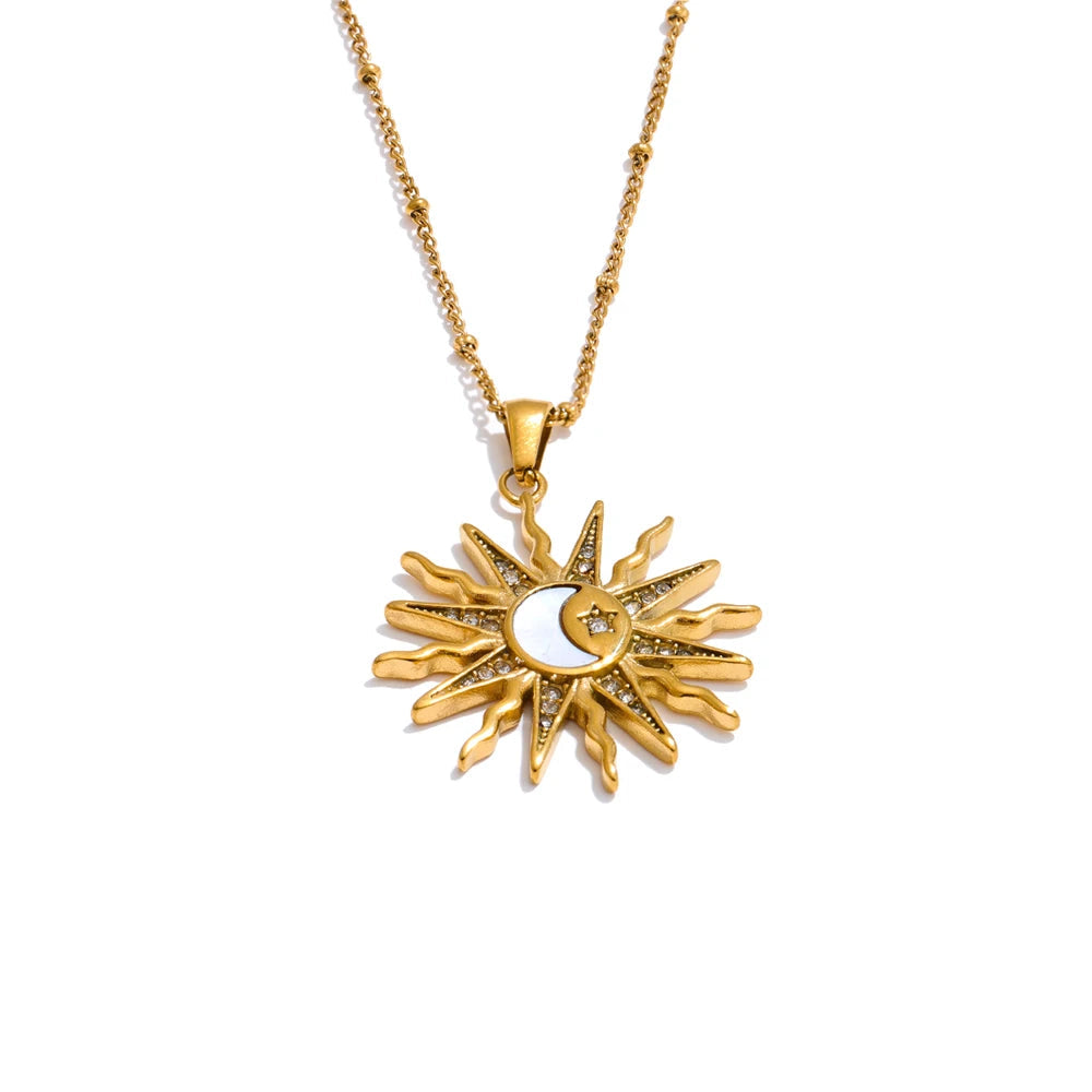 Sun and moon pendant necklace with necklace seashell accent in gold plated stainless steel jewelry