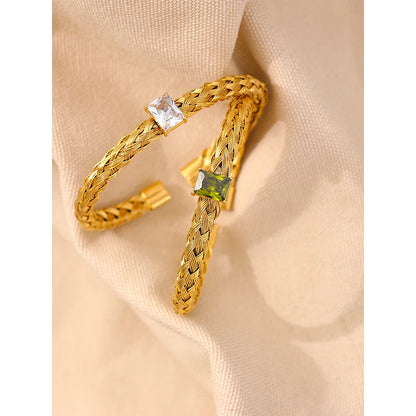 18K Gold Mesh Weave Open Bangle with Cubic Zirconia