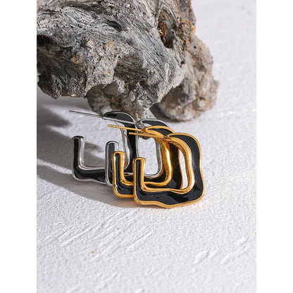 Black Enamel Square Huggie Earrings in Gold