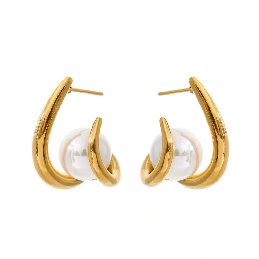 Simulated pearl hoop earrings gold plated stainless steel for women