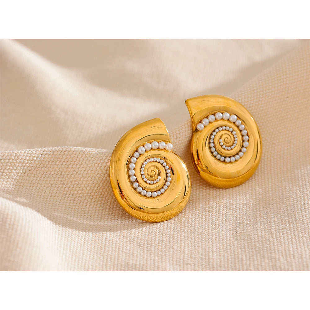 Golden Shell Stud Earrings with Imitation Pearls