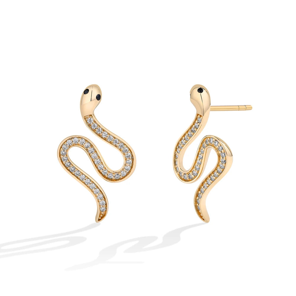 Silver stud earrings in snake design adorned with moissanite