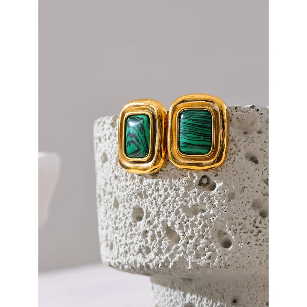 18K Gold Plated Square Malachite Stud Earrings