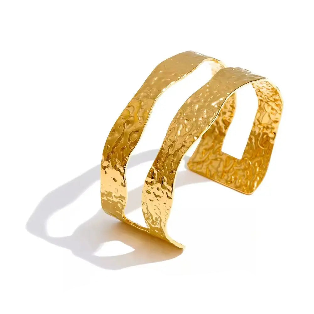 gold plated double layer hammered metal cuff bracelet bangle for women