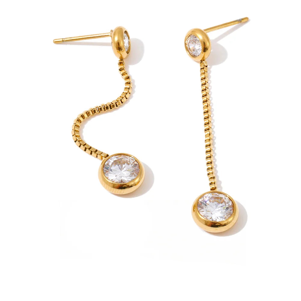 Gold plated long chain drop earrings with cubic zirconia sparkle