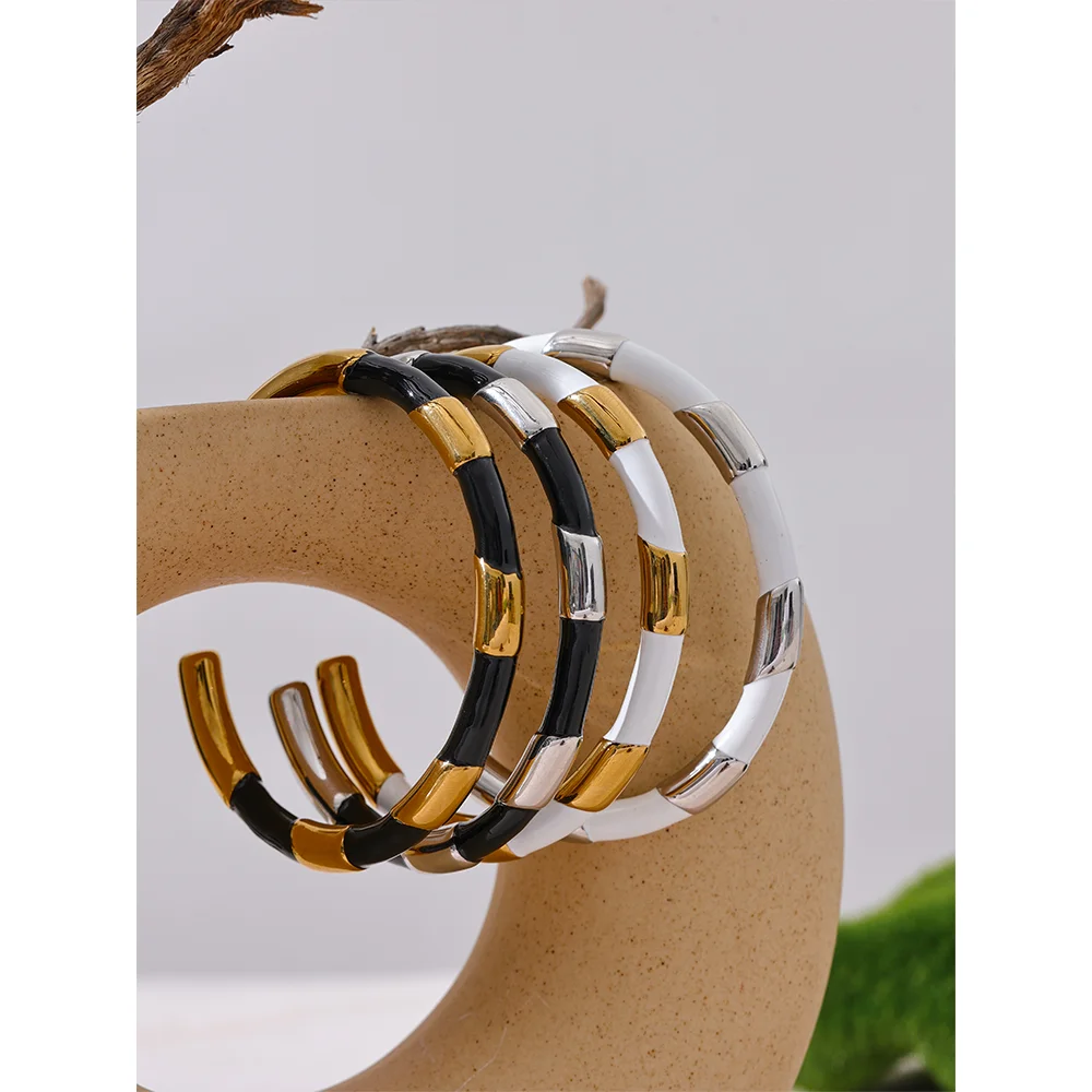 Black & White Enamel Open Cuff Bracelet in Gold