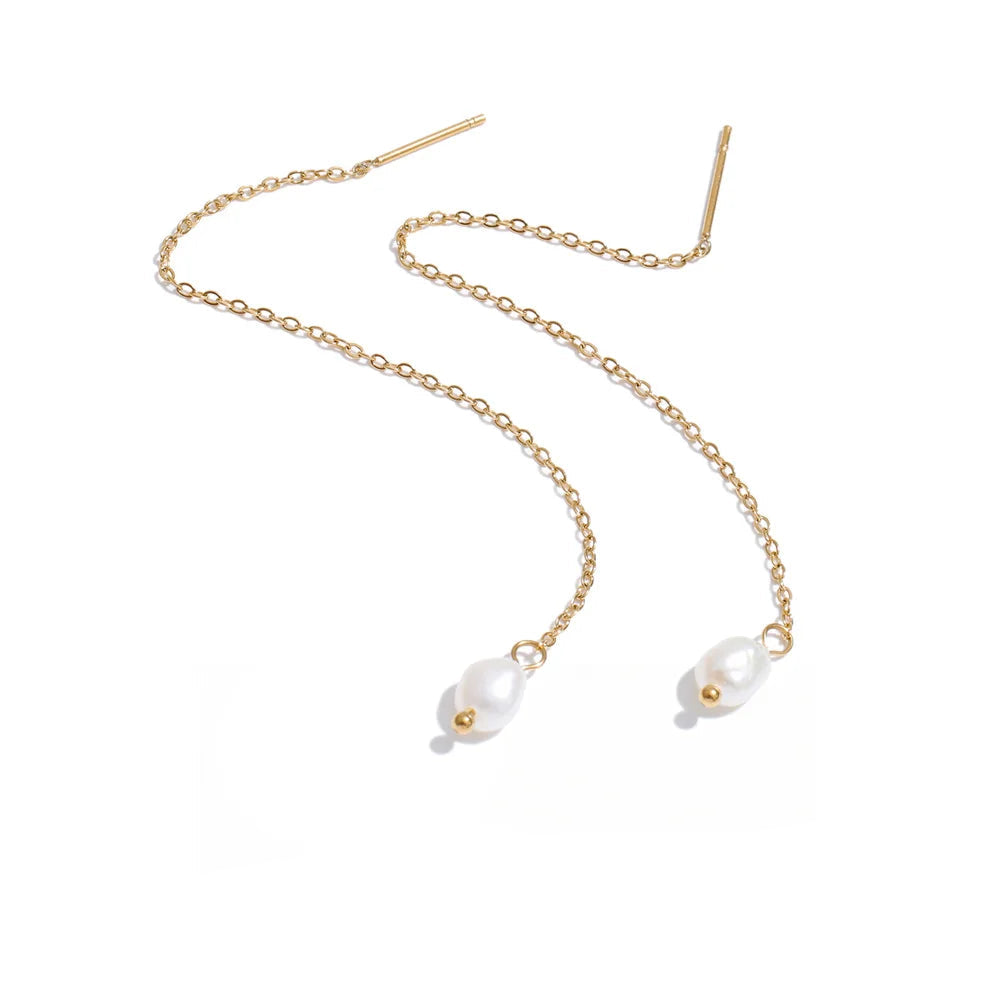 Freshwater pearl long chain drop earrings gold plated stainless steel